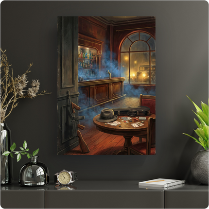 Affiche représentant l'intérieur sombre et chaleureux d'un bar clandestin de style speakeasy. Au premier plan, une table ronde en bois avec des cartes à jouer, des jetons de poker, un chapeau fedora gris et une mallette noire. Sur la gauche, une mitraillette de type Tommy gun est appuyée contre un mur sombre. À l'arrière-plan, un bar en bois avec des étagères remplies de bouteilles colorées. Une grande fenêtre arquée montre une rue pluvieuse la nuit avec les phares d'une voiture vintage. Une légère brume b…
