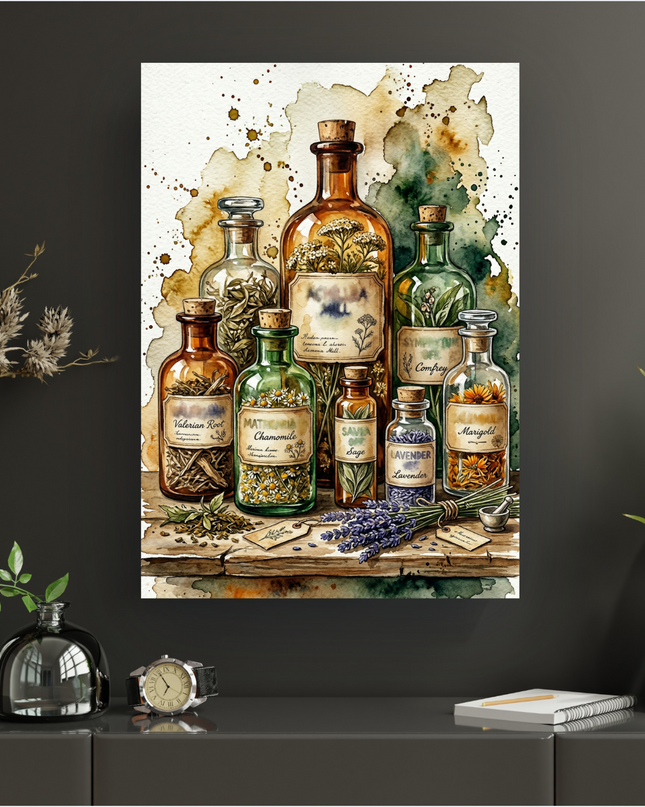 Illustration de style aquarelle représentant une collection de bouteilles d'apothicaire vintage en verre ambré et vert, remplies d'herbes séchées et de fleurs. On distingue des étiquettes manuscrites comme 'Valerian Root', 'Chamomile', 'Sage', 'Lavender', 'Comfrey' et 'Marigold'. Un bouquet de lavande fraîche, un mortier et un pilon sont posés sur une étagère en bois rustique. Le fond est éclaboussé de taches d'aquarelle vertes et ocres, évoquant une ambiance naturelle et douce.