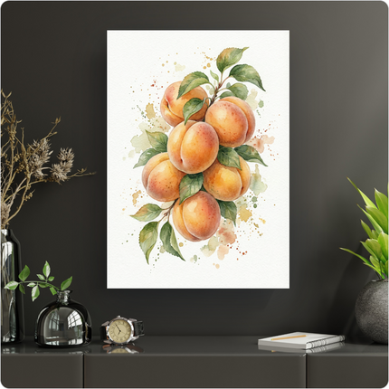 Affiche verticale représentant une branche d'abricots mûrs avec des feuilles vertes, peinte à l'aquarelle sur un fond blanc pur. Des éclaboussures de couleur pastel (orange, vert, marron clair) entourent délicatement les fruits. L'affiche est présentée sans cadre, accrochée sur un mur anthracite, au-dessus d'un meuble bas sombre orné de vases et d'une montre.