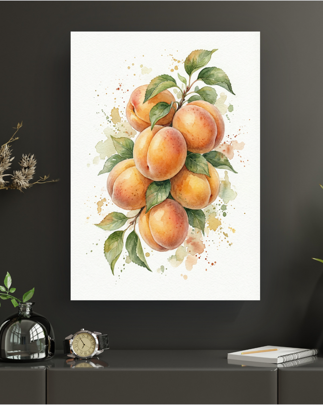 Affiche verticale représentant une branche d'abricots mûrs avec des feuilles vertes, peinte à l'aquarelle sur un fond blanc pur. Des éclaboussures de couleur pastel (orange, vert, marron clair) entourent délicatement les fruits. L'affiche est présentée sans cadre, accrochée sur un mur anthracite, au-dessus d'un meuble bas sombre orné de vases et d'une montre.