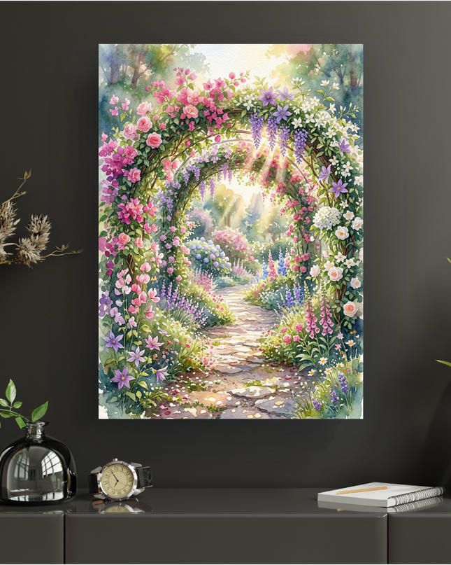 Une affiche en style aquarelle représentant une arche luxuriante et fleurie, recouverte de roses roses, de glycines violettes et de fleurs blanches, formant un tunnel végétal au-dessus d'un chemin de pierres sinueux. La lumière du soleil filtre à travers les feuilles et les pétales, illuminant un jardin verdoyant et coloré en arrière-plan, créant une scène onirique et paisible.