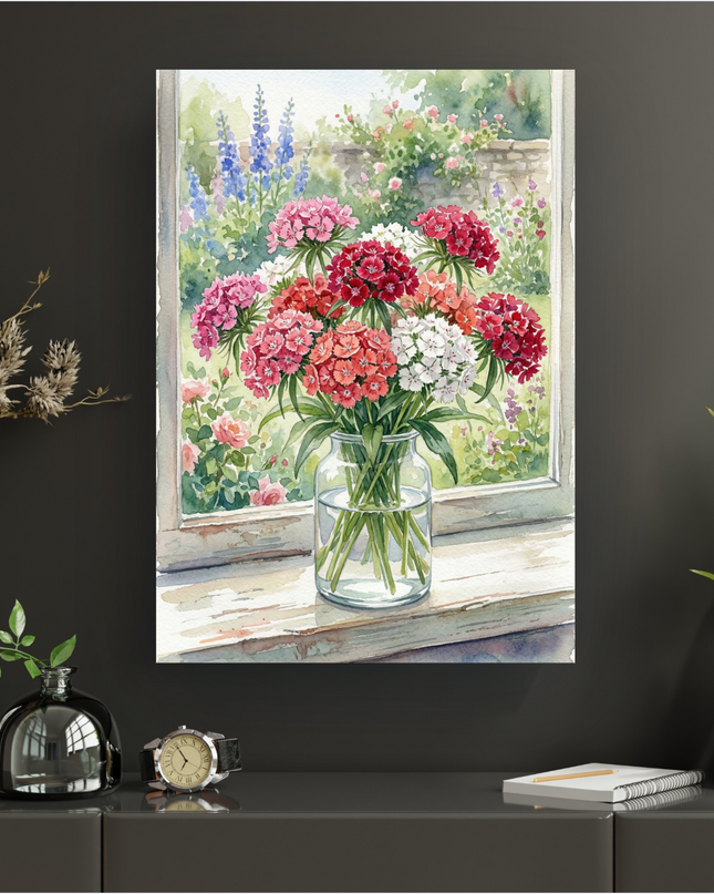 Affiche représentant une peinture aquarelle d'un bouquet généreux de fleurs aux teintes vives (rouges, roses et blanches) dans un vase en verre transparent, posé sur un rebord de fenêtre en bois clair. À l'extérieur, un jardin fleuri verdoyant avec des rosiers et des delphiniums bleus est visible sous un ciel lumineux et doux.