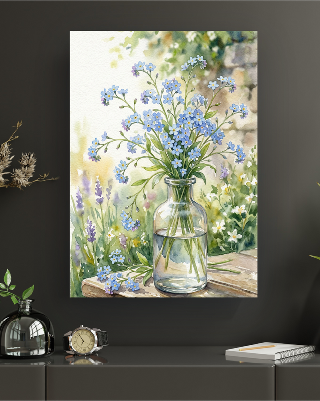 Affiche murale représentant un bouquet de fleurs de myosotis bleues délicates dans un vase en verre transparent rempli d'eau. Les fleurs sont posées sur une surface en bois clair, avec un arrière-plan flou de verdure luxuriante, de petites fleurs blanches et violettes (lavande) et un mur de pierre ensoleillé, le tout réalisé dans un style aquarelle doux et lumineux.