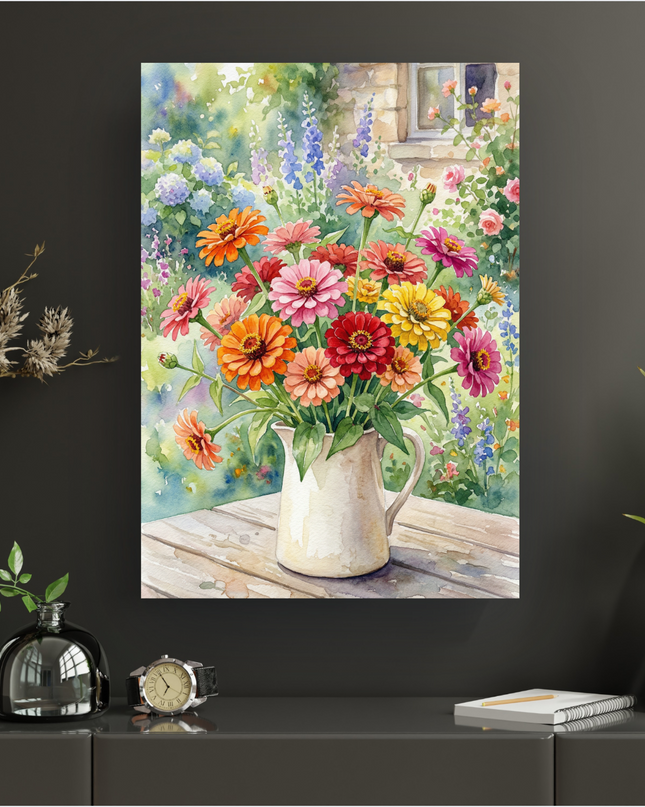 Affiche murale représentant un bouquet de zinnias aux couleurs vives (orange, rouge, rose, jaune, magenta) dans un pichet blanc cassé posé sur une table en bois clair. L'arrière-plan est un jardin luxuriant avec des fleurs variées (hortensias bleus, delphiniums violets, rosiers) et un mur de pierre avec une fenêtre. Le style est une aquarelle douce et lumineuse.