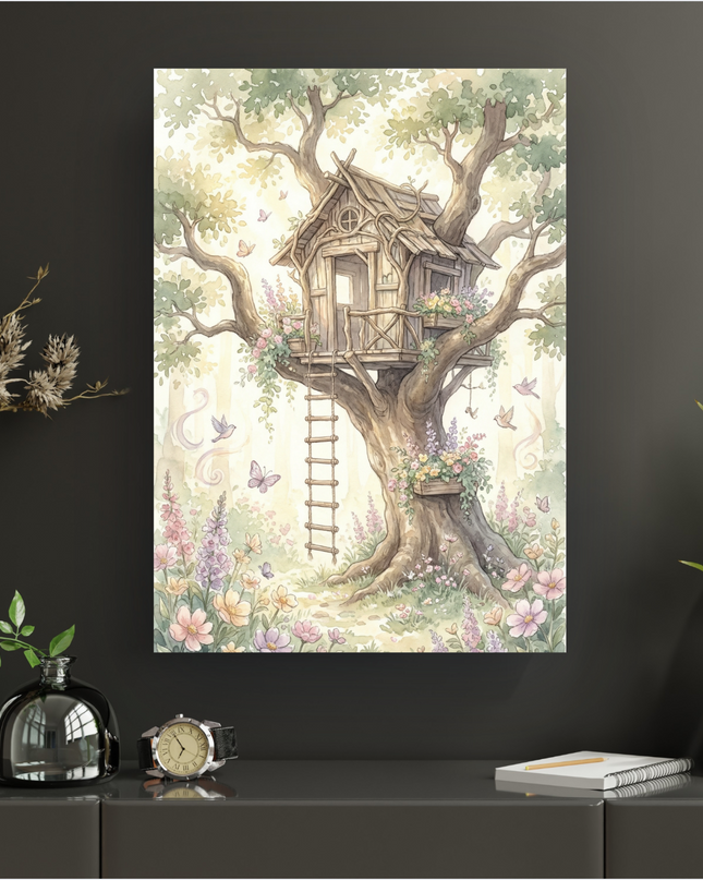 Affiche verticale représentant une cabane en bois rustique nichée dans un grand arbre feuillu, peinte à l'aquarelle avec des tons pastel. Le sol est couvert de fleurs colorées (roses, mauves, jaunes), des papillons et des oiseaux volent autour de la cabane. Une échelle en corde mène à l'entrée. L'ambiance est douce, onirique et printanière, évoquant un monde enchanté.