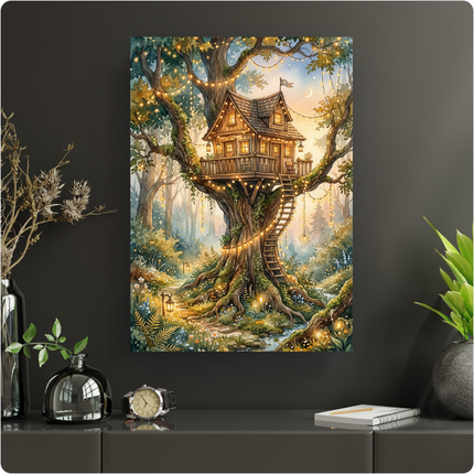 Affiche murale représentant une cabane en bois chaleureuse perchée dans un grand arbre majestueux, au cœur d'une forêt enchantée peinte à l'aquarelle. Des guirlandes lumineuses illuminent l'arbre et le sentier sinueux, menant à un petit ponton et un ruisseau. Le ciel au crépuscule révèle une lune croissante et des étoiles scintillantes, baignant la scène d'une lumière douce et magique. La végétation luxuriante et les fleurs éparses ajoutent à l'atmosphère féerique.