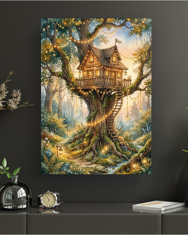 Affiche murale représentant une cabane en bois chaleureuse perchée dans un grand arbre majestueux, au cœur d'une forêt enchantée peinte à l'aquarelle. Des guirlandes lumineuses illuminent l'arbre et le sentier sinueux, menant à un petit ponton et un ruisseau. Le ciel au crépuscule révèle une lune croissante et des étoiles scintillantes, baignant la scène d'une lumière douce et magique. La végétation luxuriante et les fleurs éparses ajoutent à l'atmosphère féerique.