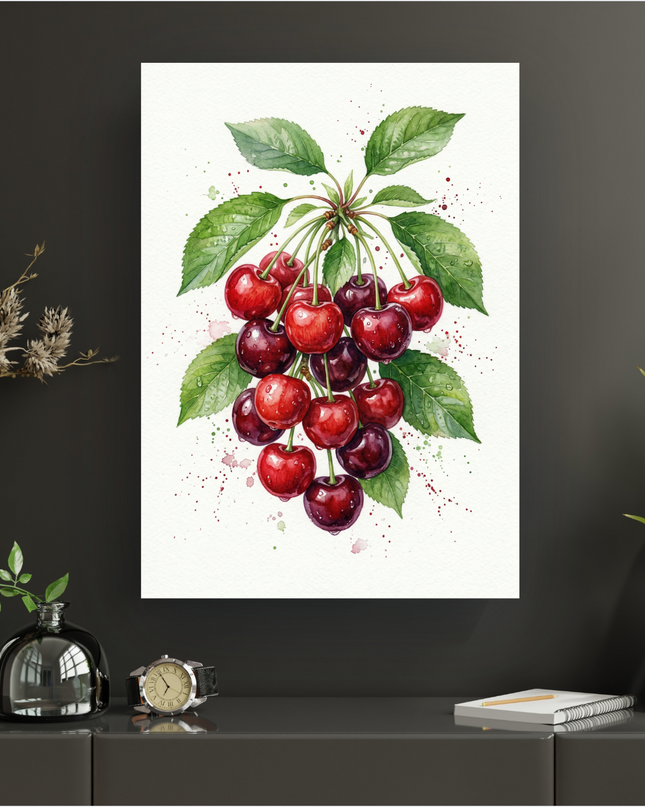 Illustration aquarelle d'une grappe de cerises rouges foncées et brillantes, avec des feuilles vertes et des gouttelettes d'eau, sur un fond blanc texturé par l'aquarelle et parsemé de petites éclaboussures rouges et vertes. L'ensemble évoque la fraîcheur et la vitalité des fruits d'été.