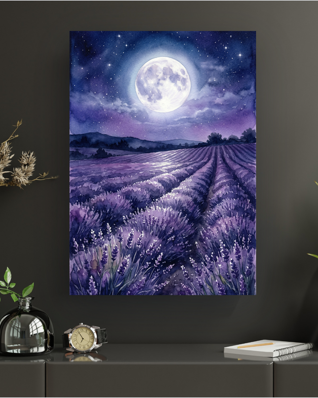 Affiche représentant une illustration en aquarelle d'un champ de lavande aux teintes violettes et bleues sous un ciel nocturne profond, parsemé d'étoiles scintillantes. Une grande pleine lune blanche et lumineuse domine le ciel, baignant le paysage de sa douce clarté. Des collines sombres et des silhouettes d'arbres se dessinent à l'horizon, ajoutant de la profondeur à la scène. Les rangées de lavande s'étendent en perspective vers le fond de l'image.
