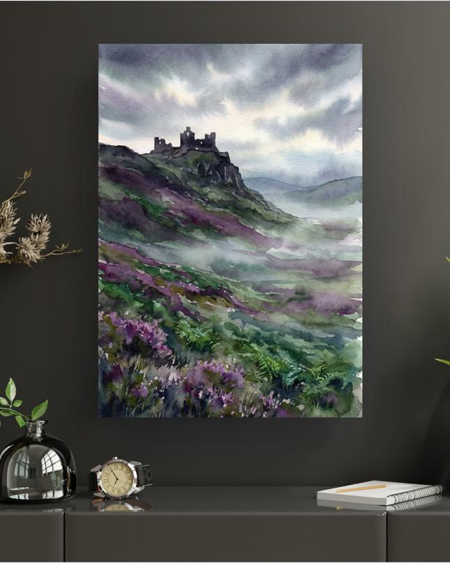 Affiche verticale de style aquarelle représentant un château en ruines sur une colline verdoyante et parsemée de bruyères violettes. Le ciel est couvert de nuages gris et menaçants, tandis qu'une légère brume enveloppe les vallées lointaines, créant une atmosphère mystique et mélancolique. L'œuvre utilise des teintes de violet, de vert foncé, de gris et de blanc cassé.