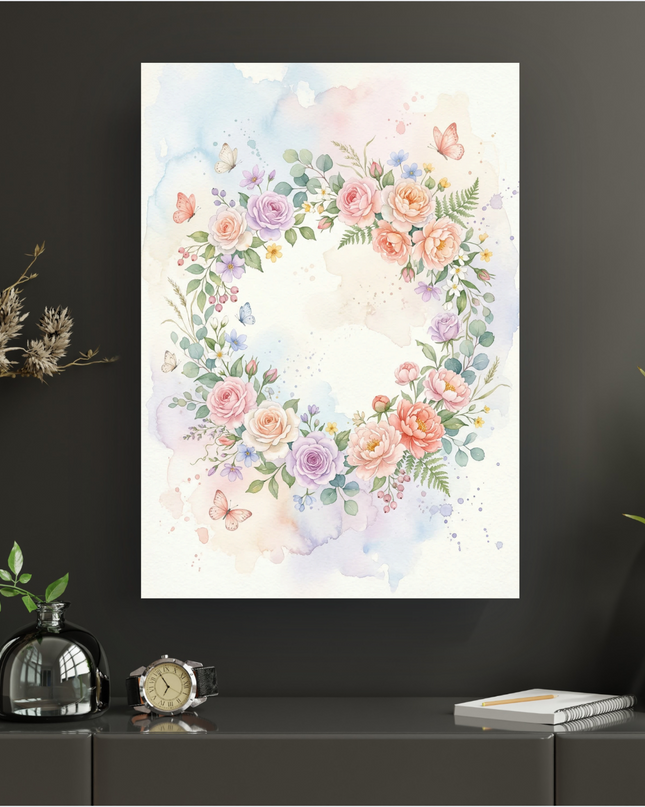 Affiche verticale présentant une illustration en aquarelle d'une couronne florale délicate. La couronne est composée de roses aux teintes pastel (rose pâle, pêche, lavande), de petites fleurs bleues et jaunes, de feuilles vertes variées et de baies. Plusieurs papillons aux ailes orangées et bleues virevoltent autour de la composition. Le fond est un lavis aquarelle doux aux nuances de bleu ciel, rose pâle et violet clair, avec des éclaboussures subtiles. L'affiche est exposée sur un mur sombre, posée sur u…
