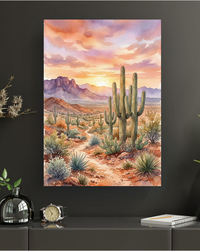 Affiche représentant un paysage désertique au coucher de soleil, réalisé à l'aquarelle. On y voit de grands cactus saguaro élancés, des cactus raquettes, des agaves et d'autres plantes du désert. Le ciel est teinté d'oranges, de roses et de violets, avec des montagnes lointaines en arrière-plan et un soleil couchant éclatant. Un chemin sinueux traverse le premier plan de ce décor aride et coloré.