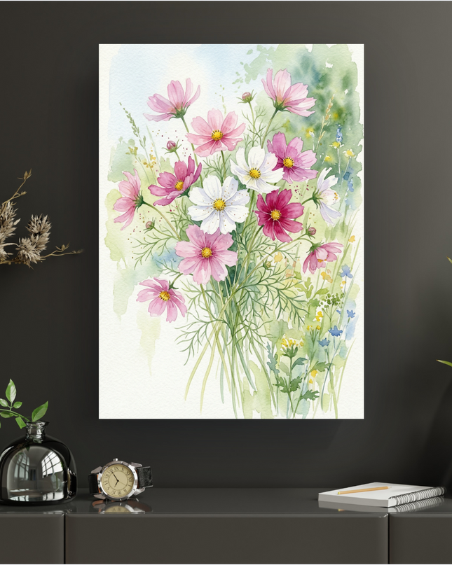 Affiche d'art murale verticale illustrant un délicat bouquet de fleurs de cosmos aux teintes roses, blanches et magenta, réalisées à l'aquarelle. Les fleurs aux cœurs jaunes sont entourées de fines feuilles vertes et de touches de petites fleurs bleues et jaunes, sur un fond lumineux et légèrement estompé évoquant un jardin printanier. L'œuvre apporte une sensation de fraîcheur et de légèreté.