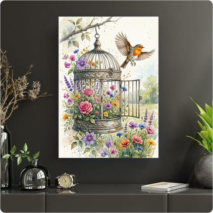 Affiche verticale en aquarelle représentant une cage à oiseaux vintage ouverte, suspendue à une branche d'arbre. La cage est remplie de diverses fleurs colorées comme des roses, des coquelicots, des campanules et de la lavande. Un rouge-gorge aux ailes déployées s'envole gracieusement de la cage, symbolisant la liberté. Le fond est un paysage printanier flou avec des touches de vert et de bleu ciel, parsemé de petites fleurs sauvages. L'illustration est lumineuse et délicate, avec des éclaboussures de pein…
