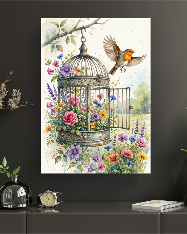 Affiche verticale en aquarelle représentant une cage à oiseaux vintage ouverte, suspendue à une branche d'arbre. La cage est remplie de diverses fleurs colorées comme des roses, des coquelicots, des campanules et de la lavande. Un rouge-gorge aux ailes déployées s'envole gracieusement de la cage, symbolisant la liberté. Le fond est un paysage printanier flou avec des touches de vert et de bleu ciel, parsemé de petites fleurs sauvages. L'illustration est lumineuse et délicate, avec des éclaboussures de pein…