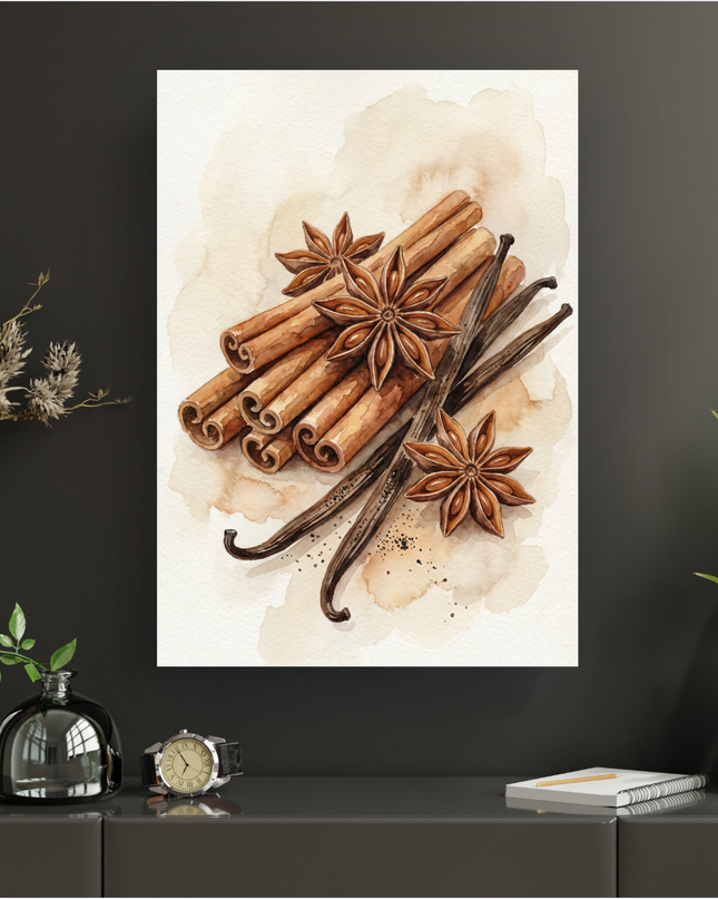 Affiche verticale de style aquarelle représentant un bouquet d'épices : des bâtons de cannelle enroulés, des gousses de vanille foncées et plusieurs étoiles de badiane (anis étoilé). Le fond est clair avec des taches de peinture aquarelle beige et marron clair, évoquant une atmosphère chaleureuse et naturelle.