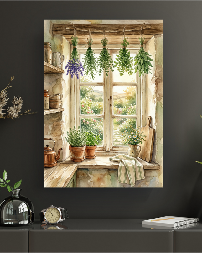 Affiche aquarelle représentant une fenêtre de cuisine rustique ouverte sur un jardin verdoyant et ensoleillé. Des bouquets d'herbes aromatiques séchées, dont de la lavande et du romarin, pendent au-dessus de la fenêtre. Sur le rebord en bois, on voit des pots de basilic et de thym, une théière en cuivre, une planche à découper en bois, un pichet avec des marguerites et un torchon rayé. Les murs sont en pierre apparente, créant une ambiance chaleureuse et campagnarde.