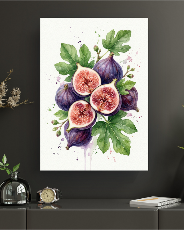Affiche murale verticale présentant une illustration à l'aquarelle de plusieurs figues violettes entières et coupées en deux, révélant leur chair rose et juteuse. Elles sont entourées de feuilles de figuier vertes et de petites pousses, avec des éclaboussures de peinture violette et verte sur un fond blanc texturé. L'affiche est présentée sur un mur sombre, posée sur un meuble moderne.