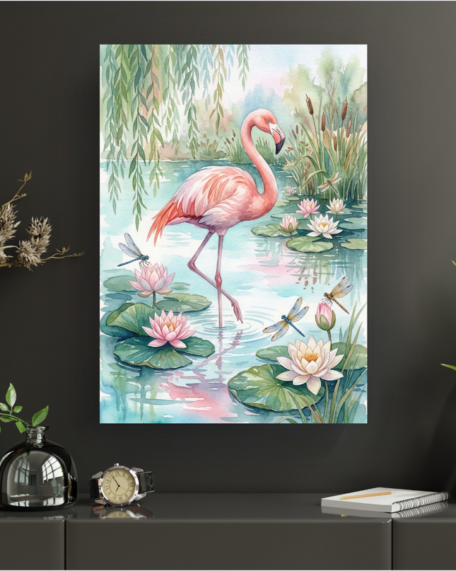 Affiche verticale de style aquarelle représentant un élégant flamant rose aux teintes délicates de rose et de blanc, debout dans un étang paisible. L'eau claire reflète des nuances de bleu et de rose. Des nénuphars aux fleurs roses et blanches flottent sur la surface, entourés de leurs grandes feuilles vertes. Des libellules bleues et dorées volent au-dessus de l'eau. En arrière-plan, des saules pleureurs aux feuilles vertes tombantes et des roseaux ajoutent à la scène naturelle et sereine.