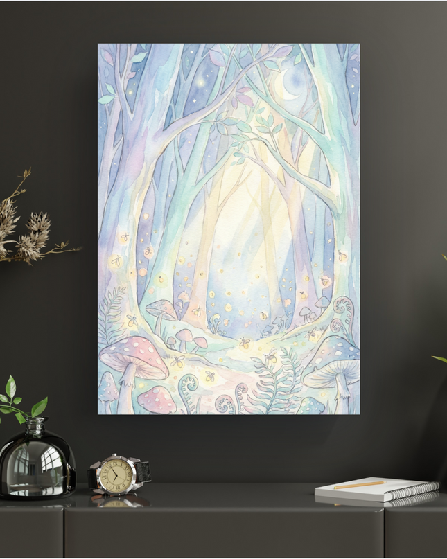 Affiche verticale en aquarelle représentant une forêt enchantée aux couleurs pastel. Des arbres élancés aux troncs bleus, violets et verts pâles forment une arche lumineuse. Au centre, un chemin s'illumine de rayons de soleil doux, parsemé de lucioles scintillantes. Au premier plan, des champignons aux chapeaux roses et bleus, ainsi que des fougères, bordent le chemin. Un croissant de lune pâle est visible dans le ciel nocturne doux. L'ensemble dégage une atmosphère féerique et onirique.