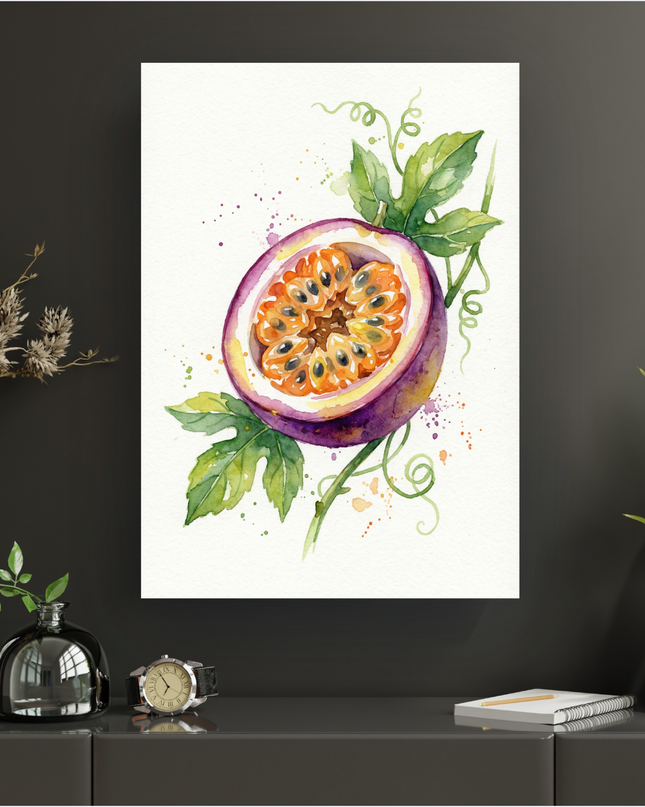 Affiche verticale représentant une illustration aquarelle d'un fruit de la passion coupé en deux. La pulpe orange vif et les graines sombres sont visibles, entourées d'une peau violette. Des feuilles vertes et des vrilles délicates s'entrelacent autour du fruit, avec des éclaboussures de peinture colorées (orange, violet, vert) sur un fond blanc texturé. L'ensemble évoque une sensation de fraîcheur et d'exotisme.
