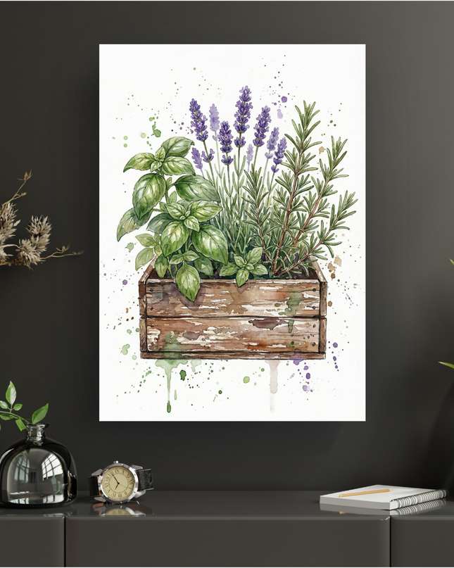 Affiche murale représentant une illustration en aquarelle d'un bac en bois vieilli et patiné, rempli d'herbes aromatiques. On y voit des feuilles de basilic vert vif, des épis de lavande aux fleurs violettes et des brins de romarin aux feuilles fines. Des éclaboussures de peinture verte et violette entourent la jardinière sur un fond blanc pur, évoquant la fraîcheur et la vitalité.