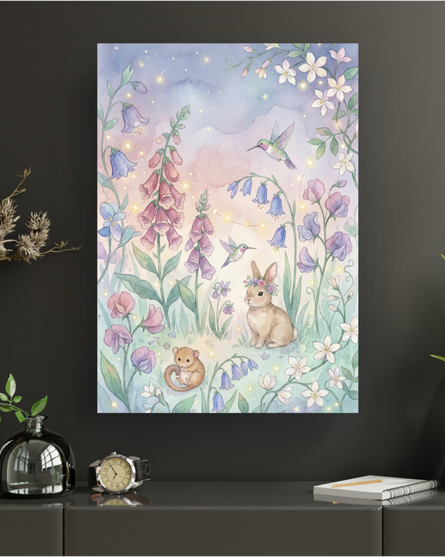 Affiche verticale illustrant un jardin féerique en aquarelle aux couleurs pastel. On y voit un lapin marron clair avec une couronne de fleurs sur la tête, un petit loir ou souris à ses côtés, et deux colibris en plein vol. Le jardin est luxuriant avec des digitales roses, des campanules bleues, des pois de senteur violets et des petites fleurs blanches, le tout parsemé de lumières scintillantes et d'étoiles sur un fond de ciel dégradé rose et bleu clair. L'ensemble dégage une atmosphère douce et magique.