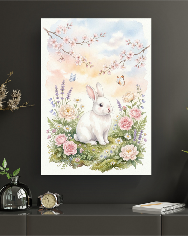 Affiche verticale avec une illustration aquarelle douce d'un lapin blanc assis au milieu d'un parterre de fleurs printanières. Le lapin est au centre, entouré de roses roses pâles, de lavande violette, de marguerites blanches, de petites clochettes bleues et de feuillages verts. Deux papillons, un bleu et un orange, volent au-dessus. En arrière-plan, des branches de cerisier en fleurs s'étendent sous un ciel dégradé de bleu clair, rose et orange doux, évoquant un lever ou un coucher de soleil printanier. L…