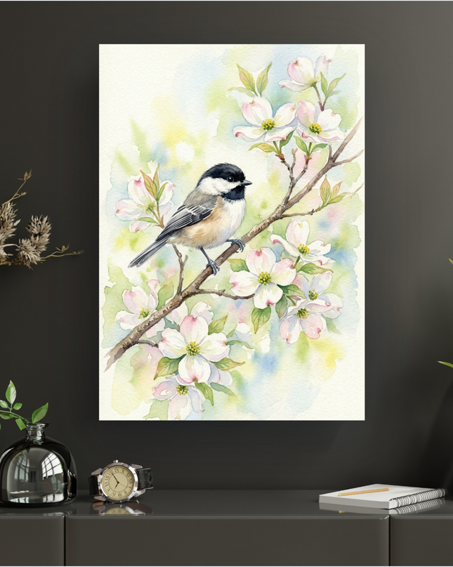 Affiche verticale représentant une mésange à tête noire perchée sur une branche de cornouiller en fleurs. L'illustration est réalisée à l'aquarelle avec des tons doux et lumineux de vert, jaune, bleu et rose pâle pour les fleurs. Le fond est un dégradé flou de couleurs printanières, évoquant la clarté du ciel.