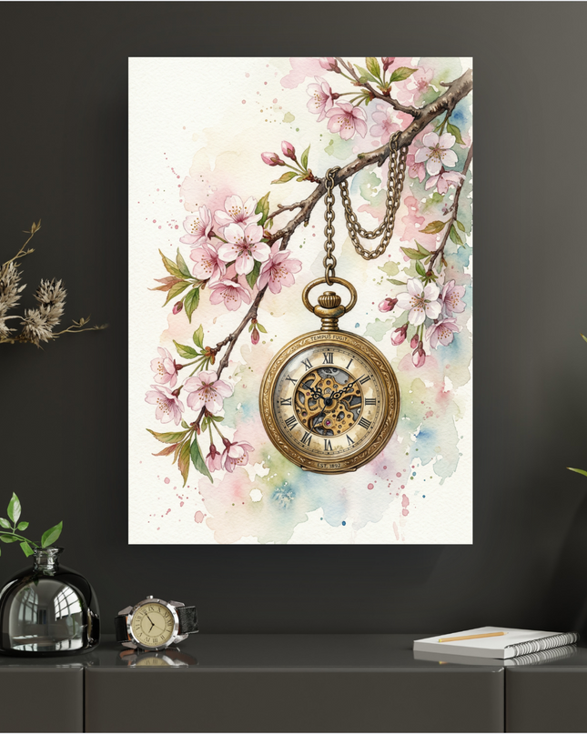 Affiche verticale en aquarelle représentant une montre à gousset vintage dorée, aux engrenages apparents, suspendue par une chaîne à une branche de cerisier en fleurs. Les pétales roses délicats et les feuilles vertes contrastent avec un fond clair parsemé de taches d'aquarelle pastel roses et bleues. Le cadran de la montre indique des chiffres romains et l'inscription 'TEMPUS FUGIT'.