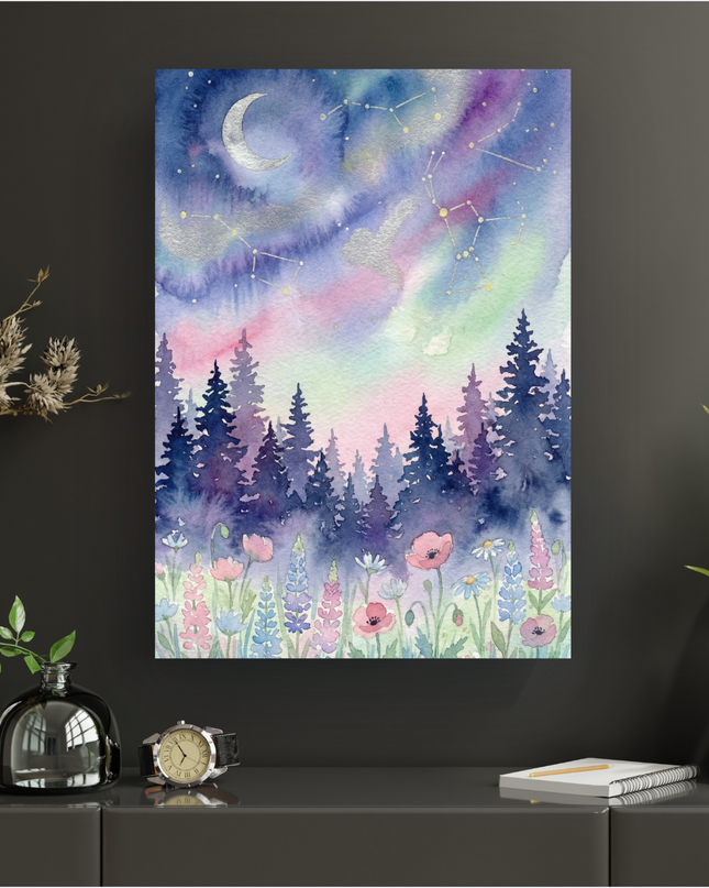 Affiche verticale de style aquarelle représentant une scène nocturne féerique. Le ciel est un dégradé de bleu nuit, violet, rose et vert pâle, évoquant une aurore boréale, parsemé d'étoiles scintillantes et de constellations dorées, avec une lune argentée en croissant. En dessous, une forêt dense de sapins aux teintes sombres de bleu et violet. Au premier plan, un champ de fleurs sauvages colorées (coquelicots roses, marguerites blanches, lupins bleus et roses) sur un fond vert clair. L'ensemble dégage une…