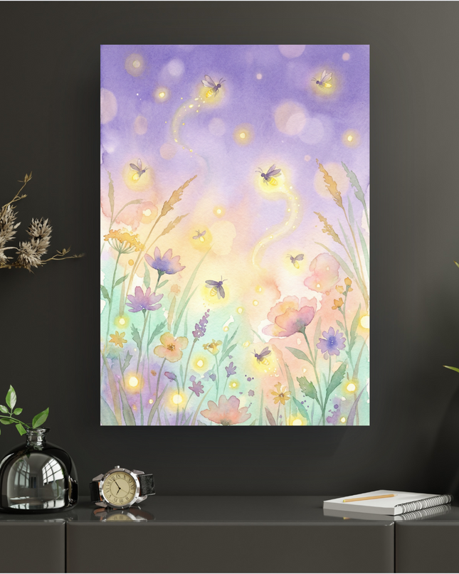Affiche d'art représentant une scène nocturne ou crépusculaire dans un pré fleuri, peinte dans un style aquarelle doux. Des lucioles lumineuses volent au-dessus de fleurs aux couleurs pastel comme le violet, le rose, le bleu clair et le vert tendre. Le fond est un dégradé délicat de violet et de jaune pâle, parsemé de points lumineux diffus, créant une atmosphère féerique et onirique. L'illustration est riche en détails floraux et en éclats de lumière scintillants.