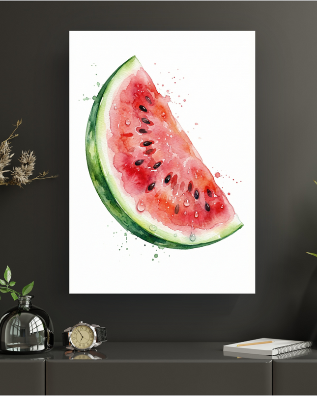 Affiche verticale représentant une tranche de pastèque juteuse en illustration aquarelle sur fond blanc. La pastèque est d'un rouge vif avec des pépins noirs, une peau verte et blanche, et des gouttelettes d'eau réalistes ainsi que des éclaboussures vertes et rouges, évoquant la fraîcheur et la vitalité.