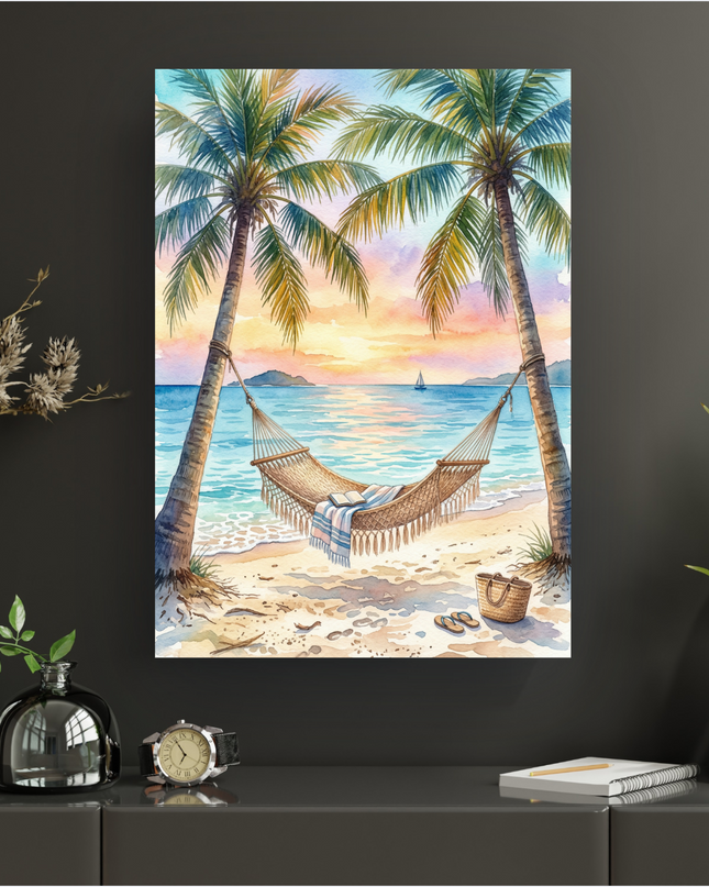 Affiche murale représentant une scène de plage tropicale au coucher du soleil, peinte à l'aquarelle. Deux grands palmiers encadrent un hamac rayé suspendu au-dessus du sable fin. L'océan calme reflète les couleurs pastel du ciel, avec un petit voilier à l'horizon. Une paire de tongs et un sac de plage en paille sont posés sur le sable, invitant à la détente.