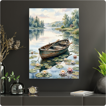 Affiche verticale en aquarelle représentant un paysage lacustre paisible. Au premier plan, une vieille barque en bois marron et verte flotte sur l'eau calme, attachée par une corde. Des nénuphars blancs et roses flottent autour de la barque. À l'arrière-plan, un lac s'étend, bordé par une forêt dense de conifères et d'arbres feuillus. Une petite cabane en bois est visible sur la rive droite, près d'un ponton. Le ciel est clair avec quelques nuages légers, reflétant ses teintes douces sur la surface de l'ea…