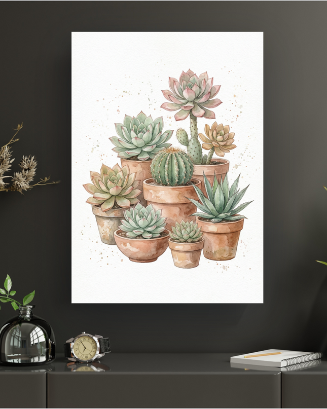 Affiche verticale illustrant une composition de plusieurs succulentes et cactus de différentes tailles, peints à l'aquarelle dans des tons de vert, rose pâle et ocre, chacun dans un pot en terre cuite. Le fond est blanc avec de légères éclaboussures de peinture. L'affiche est présentée sur un mur sombre au-dessus d'un meuble, créant une ambiance moderne et naturelle.