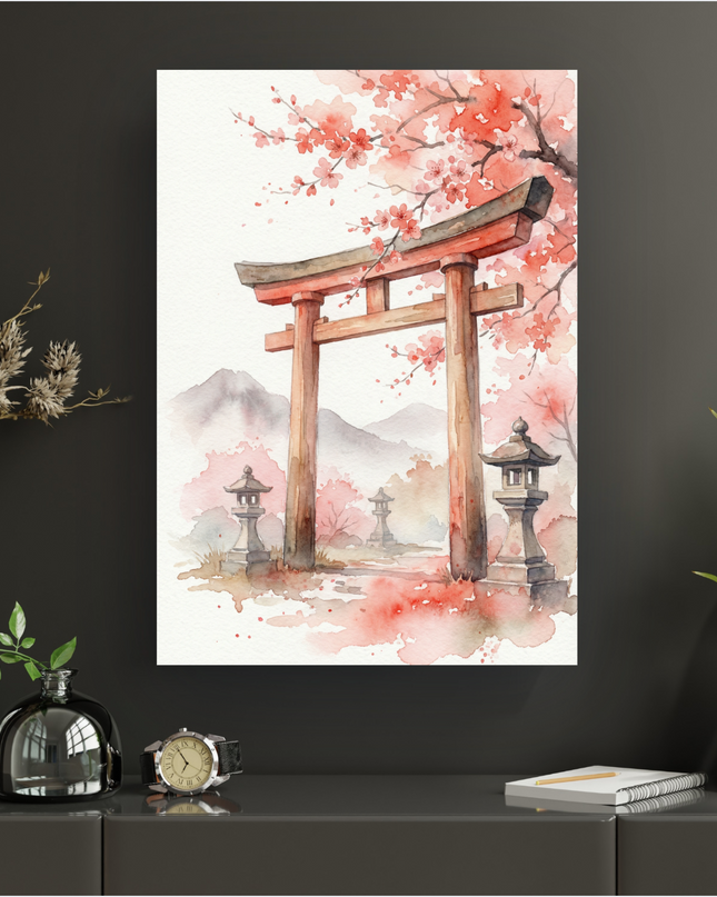 Affiche verticale représentant une scène japonaise en aquarelle. Au centre, un grand torii rouge traditionnel se dresse, entouré de branches de cerisiers en fleurs aux pétales roses et rouges. Des lanternes japonaises en pierre se trouvent de part et d'autre d'un chemin, menant vers d'autres toriis et des montagnes brumeuses en arrière-plan. Les couleurs sont douces et diluées, dominées par le rose, le rouge, le gris et le blanc, créant une ambiance sereine et poétique.