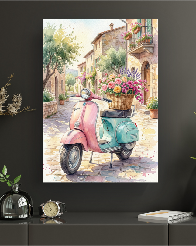 Affiche murale représentant une illustration à l'aquarelle d'un scooter Vespa rose et turquoise garé sur une rue pavée ensoleillée d'un village méditerranéen. Un panier en osier rempli de roses multicolores, de pivoines et de lavande est posé sur le porte-bagages arrière. Des bâtiments en pierre aux balcons fleuris et des oliviers bordent la rue. L'ambiance est lumineuse, douce et évoque la Toscane.