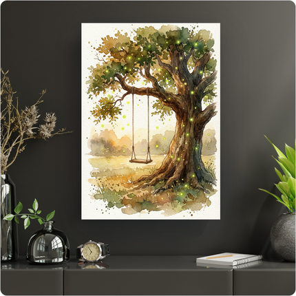 Affiche représentant une illustration à l'aquarelle d'un grand arbre feuillu avec une balançoire en bois suspendue à une de ses branches robustes. Des lucioles lumineuses vertes et jaunes scintillent autour de l'arbre et dans le paysage champêtre au coucher du soleil, créant une ambiance magique et onirique avec des teintes chaudes et douces.