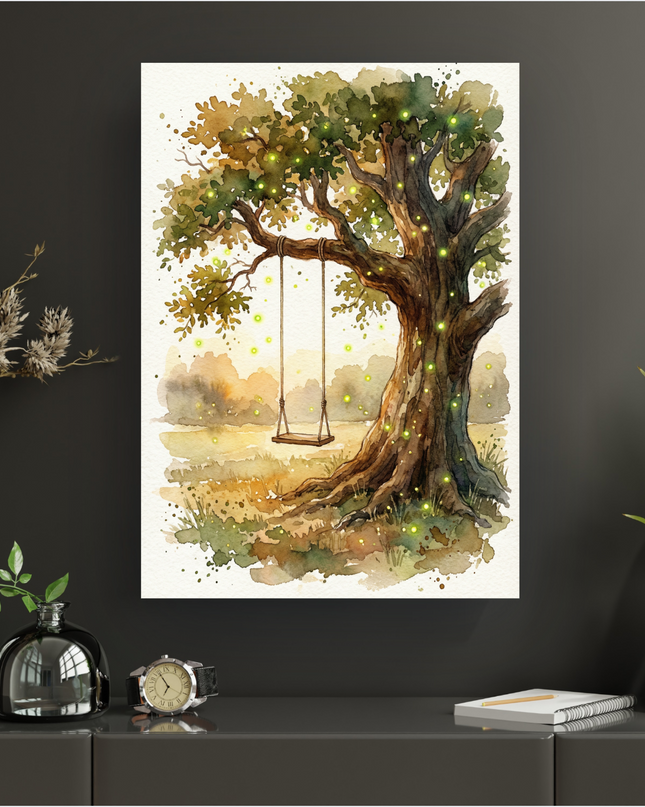 Affiche représentant une illustration à l'aquarelle d'un grand arbre feuillu avec une balançoire en bois suspendue à une de ses branches robustes. Des lucioles lumineuses vertes et jaunes scintillent autour de l'arbre et dans le paysage champêtre au coucher du soleil, créant une ambiance magique et onirique avec des teintes chaudes et douces.