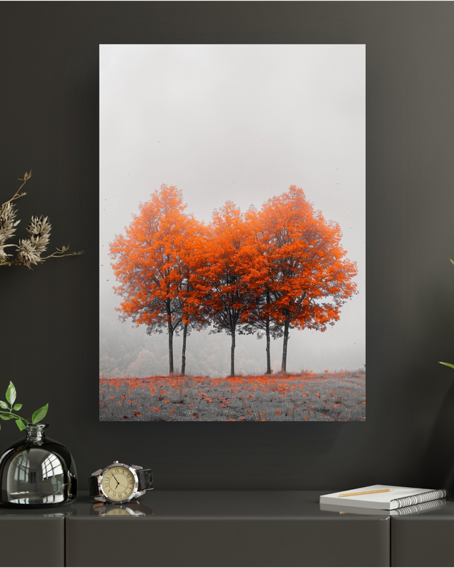 Affiche murale représentant trois arbres aux feuillages orange vif et lumineux, se détachant sur un arrière-plan brumeux et délavé en nuances de gris clair. Le sol est également gris, parsemé de feuilles orange tombées. L'image est stylisée, mettant en valeur le contraste des couleurs vives et des tons neutres pour une ambiance sereine et moderne.