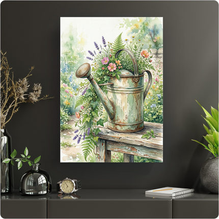 Affiche murale représentant une illustration à l'aquarelle d'un vieil arrosoir métallique patiné, rempli de fleurs sauvages colorées comme des lavandes, des roses églantines et des fougères. L'arrosoir repose sur une balustrade en bois vieilli, avec un arrière-plan flou d'un jardin luxuriant et lumineux aux teintes pastel de vert, rose et bleu. L'ambiance est douce, naturelle et printanière.