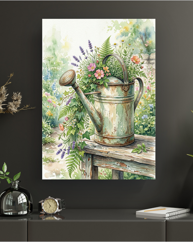 Affiche murale représentant une illustration à l'aquarelle d'un vieil arrosoir métallique patiné, rempli de fleurs sauvages colorées comme des lavandes, des roses églantines et des fougères. L'arrosoir repose sur une balustrade en bois vieilli, avec un arrière-plan flou d'un jardin luxuriant et lumineux aux teintes pastel de vert, rose et bleu. L'ambiance est douce, naturelle et printanière.