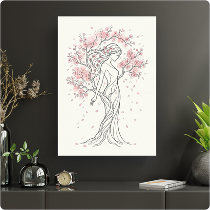 Affiche artistique représentant une femme de profil, dont les longs cheveux et le corps sont stylisés en branches d'arbre fleuries de cerisiers roses. L'illustration est réalisée en line art noir sur un fond blanc cassé, avec des touches d'aquarelle rose pâle pour les fleurs et les pétales qui tombent délicatement. Le style est épuré et poétique.