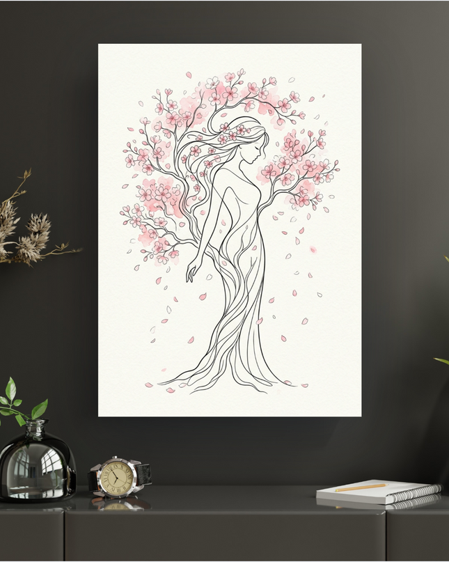 Affiche artistique représentant une femme de profil, dont les longs cheveux et le corps sont stylisés en branches d'arbre fleuries de cerisiers roses. L'illustration est réalisée en line art noir sur un fond blanc cassé, avec des touches d'aquarelle rose pâle pour les fleurs et les pétales qui tombent délicatement. Le style est épuré et poétique.