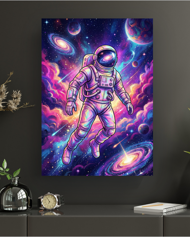 Affiche murale représentant un astronaute flottant au centre d'un univers cosmique vibrant. L'astronaute porte une combinaison spatiale blanche et irisée, reflétant les couleurs intenses de l'espace environnant. Autour de lui, des galaxies spirales lumineuses, des planètes colorées et des étoiles scintillantes se mêlent à des nuages de nébuleuses aux teintes de rose, violet, bleu et jaune. Des traînées lumineuses, comme des étoiles filantes, traversent la scène, ajoutant du dynamisme à cette illustration d…
