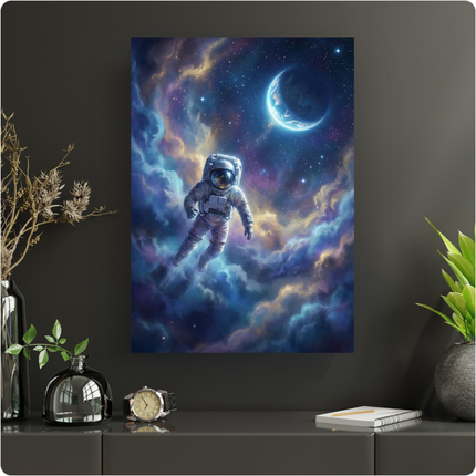 Affiche verticale représentant un astronaute flottant au centre d'un ciel étoilé profond, entouré de vastes nébuleuses aux couleurs vibrantes de bleu, violet, jaune et orange. Une planète en croissant de lune, baignée d'une lumière bleue éclatante, est visible en arrière-plan supérieur droit. L'astronaute est en apesanteur, son casque reflétant les lumières cosmiques, les bras et les jambes légèrement écartés, comme en pleine exploration d'un univers onirique.