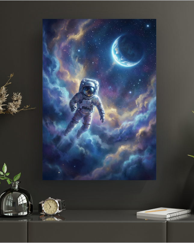 Affiche verticale représentant un astronaute flottant au centre d'un ciel étoilé profond, entouré de vastes nébuleuses aux couleurs vibrantes de bleu, violet, jaune et orange. Une planète en croissant de lune, baignée d'une lumière bleue éclatante, est visible en arrière-plan supérieur droit. L'astronaute est en apesanteur, son casque reflétant les lumières cosmiques, les bras et les jambes légèrement écartés, comme en pleine exploration d'un univers onirique.
