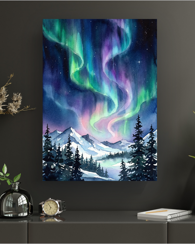 Affiche verticale représentant une aurore boréale aux couleurs vives (vert émeraude, violet, bleu profond, rose pâle) dans un ciel nocturne étoilé. Au premier plan, des montagnes enneigées et une forêt dense de sapins sombres recouverts de neige, le tout réalisé dans un style aquarelle doux et onirique. L'affiche est présentée sur un mur gris foncé au-dessus d'un meuble moderne.