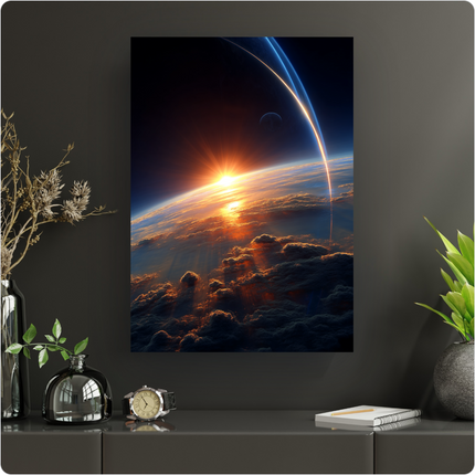 Affiche verticale représentant une vue spectaculaire de la Terre depuis l'espace, avec un lever ou un coucher de soleil éclatant illuminant les nuages denses d'une lumière dorée et orange. Le ciel est un noir profond, parsemé d'étoiles lointaines, et une fine courbe lumineuse bleue et orange entoure la planète, suggérant une atmosphère ou une trajectoire. Une petite lune bleutée est visible en arrière-plan, ajoutant à la profondeur cosmique de la scène.